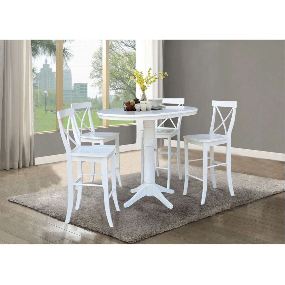 International Concepts - (Set of 5 Pcs) 36in Round Extension Dining Table with 4 X-Back Bar Height Stools in White Finish - K08-36RXT-27B-6133-4 veiw 2