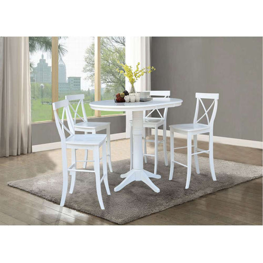 International Concepts - (Set of 5 Pcs) 36in Round Extension Dining Table with 4 X-Back Bar Height Stools in White Finish - K08-36RXT-27B-6133-4 veiw 2