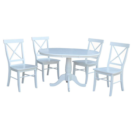 International Concepts - (Set of 5 Pcs) 36in Round Extension Dining Table with 4 X-Back Chairs in White Finish - K08-36RXT-C613-4 veiw 1