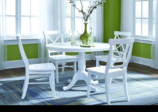 International Concepts - (Set of 5 Pcs) 36in Round Extension Dining Table with 4 X-Back Chairs in White Finish - K08-36RXT-C613-4 veiw 2