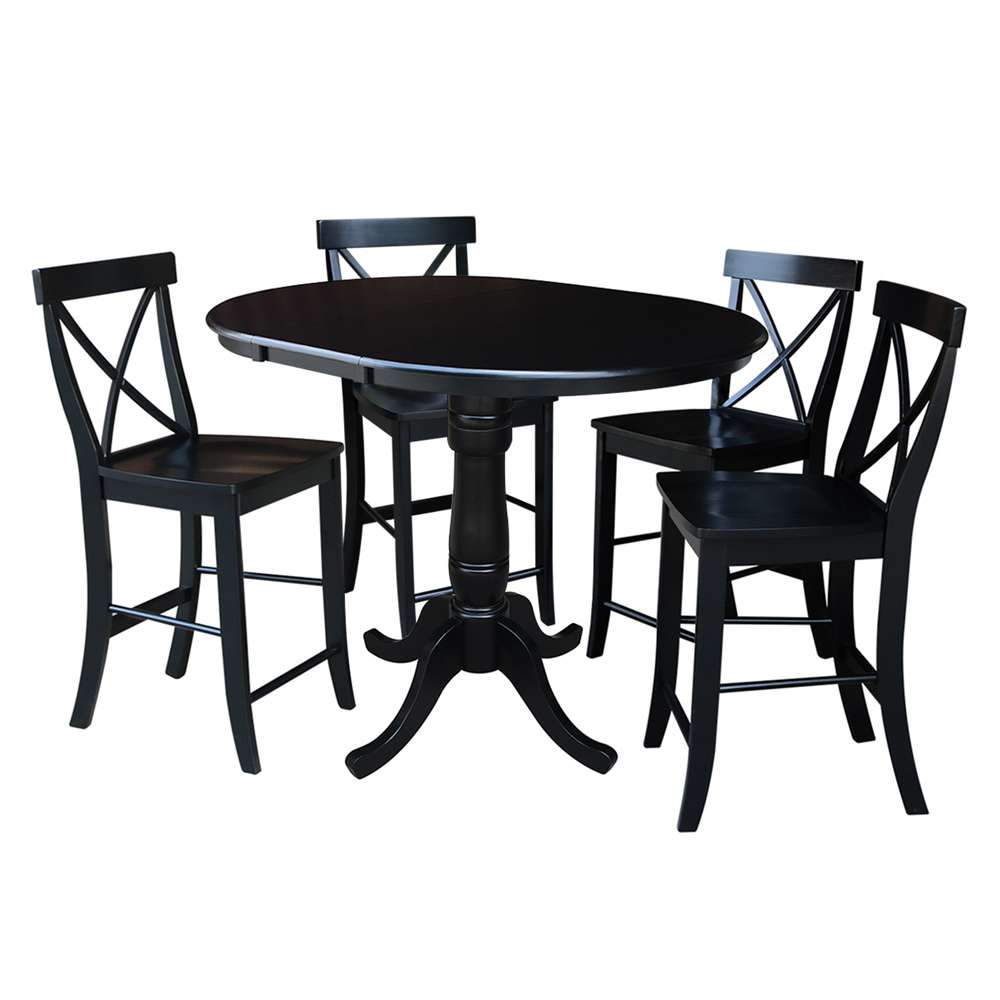 International Concepts - (Set of 5 Pcs) 36in Round Extension Dining Table with 4 X-Back Counter Height Stools in Black Finish - K46-36RXT-S6132-4 veiw 1