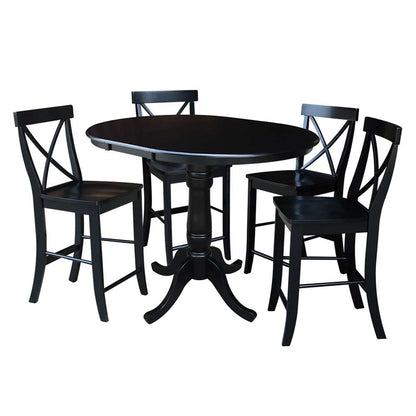 International Concepts - (Set of 5 Pcs) 36in Round Extension Dining Table with 4 X-Back Counter Height Stools in Black Finish - K46-36RXT-S6132-4 veiw 1