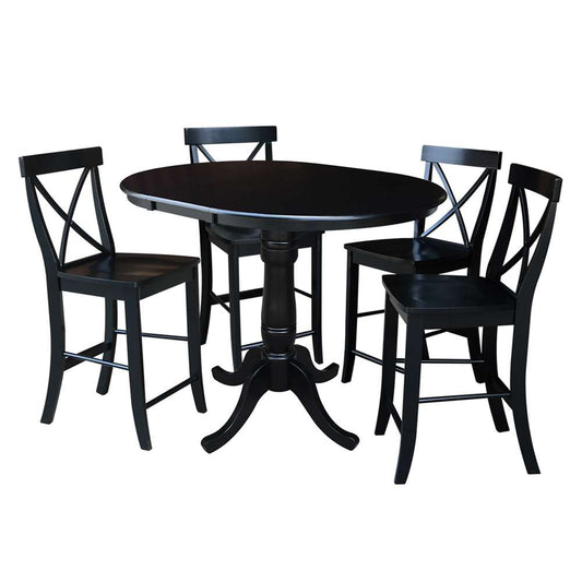 International Concepts - (Set of 5 Pcs) 36in Round Extension Dining Table with 4 X-Back Counter Height Stools in Black Finish - K46-36RXT-S6132-4 veiw 1