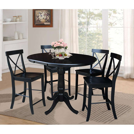 International Concepts - (Set of 5 Pcs) 36in Round Extension Dining Table with 4 X-Back Counter Height Stools in Black Finish - K46-36RXT-S6132-4 veiw 2