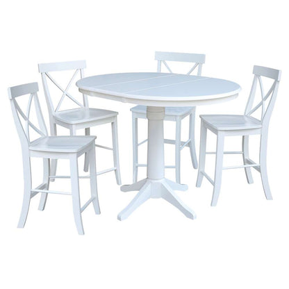 International Concepts - (Set of 5 Pcs) 36in Round Extension Dining Table with 4 X-Back Counter Height Stools in White Finish - K08-36RXT-27B-6132-4 veiw 1