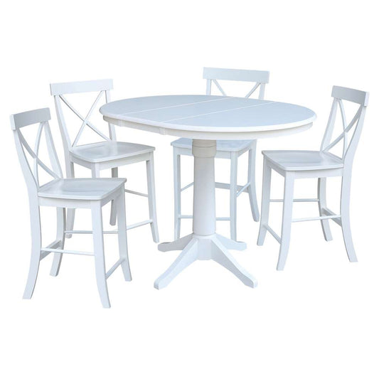 International Concepts - (Set of 5 Pcs) 36in Round Extension Dining Table with 4 X-Back Counter Height Stools in White Finish - K08-36RXT-27B-6132-4 veiw 1