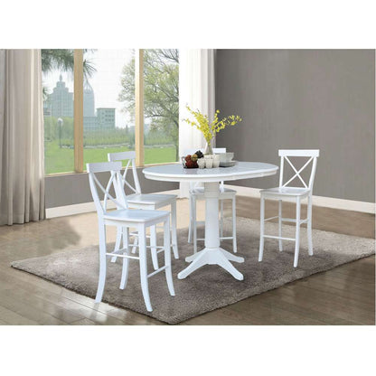 International Concepts - (Set of 5 Pcs) 36in Round Extension Dining Table with 4 X-Back Counter Height Stools in White Finish - K08-36RXT-27B-6132-4 veiw 2