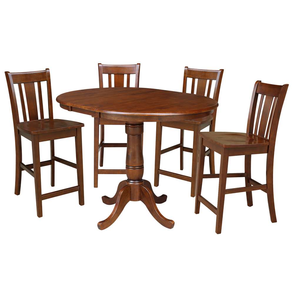 International Concepts - (Set of 5 Pcs) 36in Round Top Ped Ext Table with 12in Leaf and 4 San Remo RTA Counter Height Stools in Espresso Finish - K581-36RXT-6B-S102-4 veiw 1