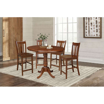 International Concepts - (Set of 5 Pcs) 36in Round Top Ped Ext Table with 12in Leaf and 4 San Remo RTA Counter Height Stools in Espresso Finish - K581-36RXT-6B-S102-4 veiw 2