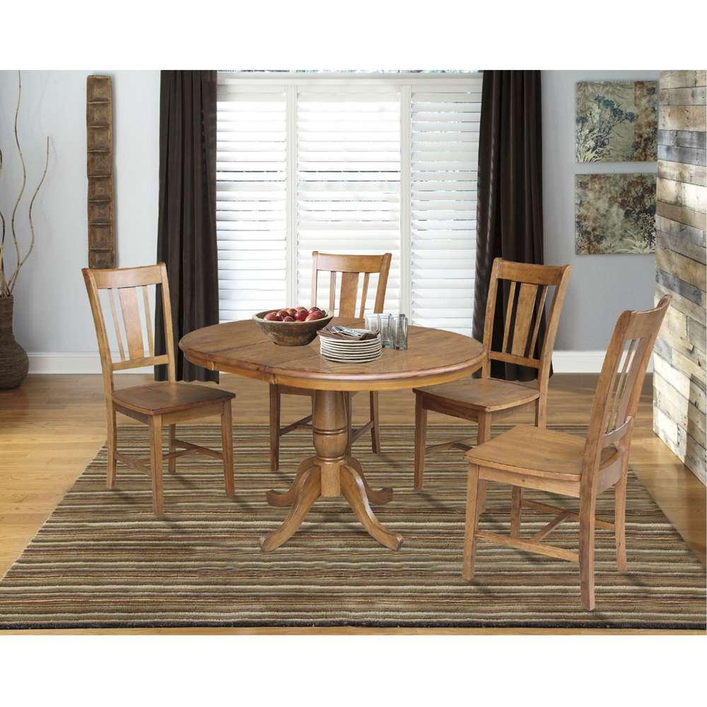 International Concepts - (Set of 5 Pcs) 36in Round Top Ped Ext Table with 12in Leaf and 4 RTA Chairs in Pecan Finish - K59-36RXT-C10-4 veiw 3