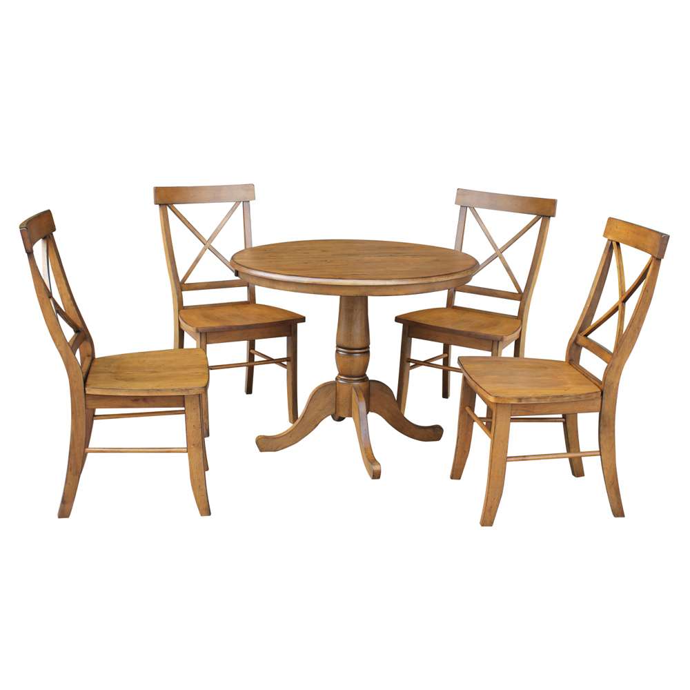 International Concepts - (Set of 5 Pcs) 36in Round Top Ped Ext Table with 12in Leaf and 4 X-Back RTA Chairs in Pecan Finish - K59-36RXT-C613-4 veiw 1
