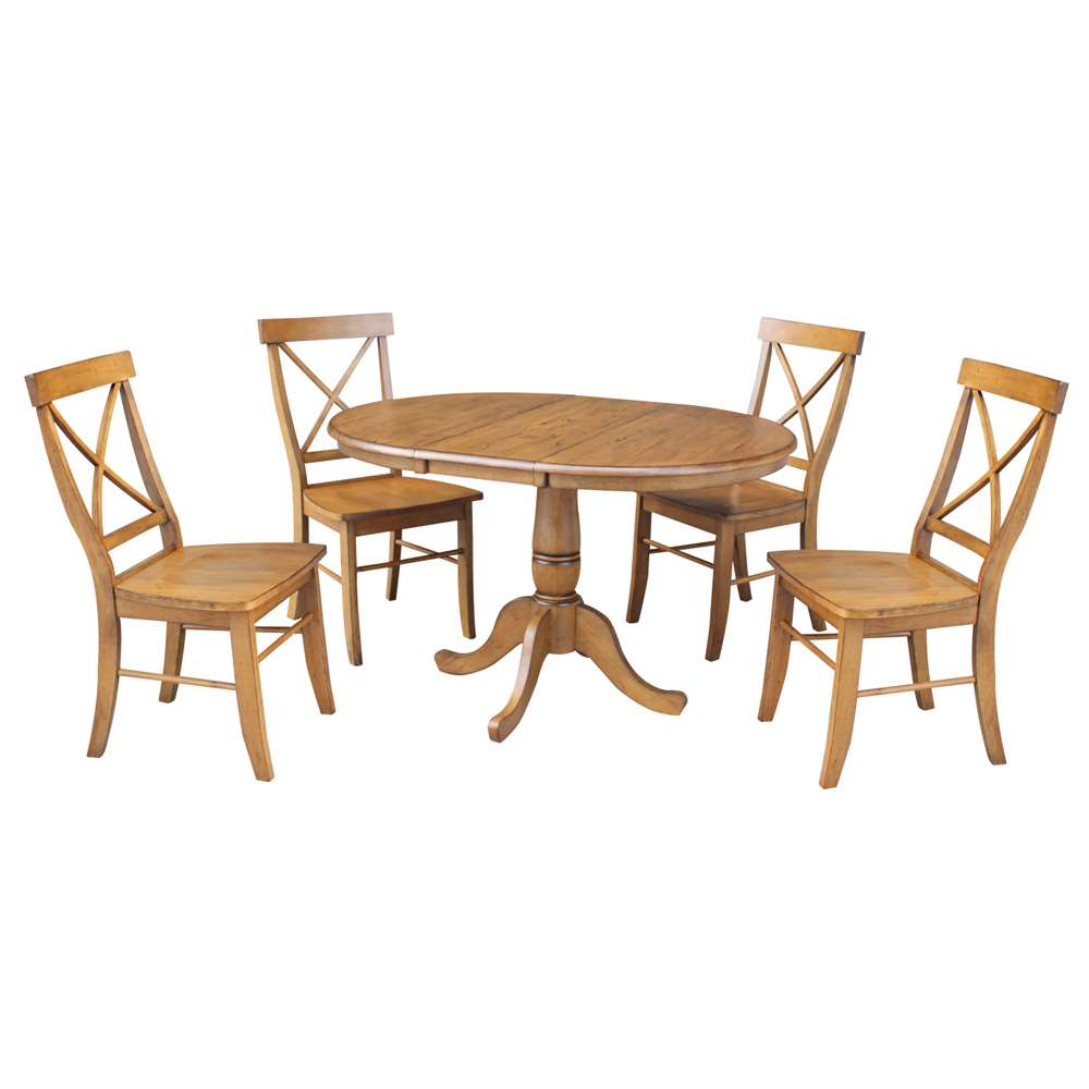International Concepts - (Set of 5 Pcs) 36in Round Top Ped Ext Table with 12in Leaf and 4 X-Back RTA Chairs in Pecan Finish - K59-36RXT-C613-4 veiw 2