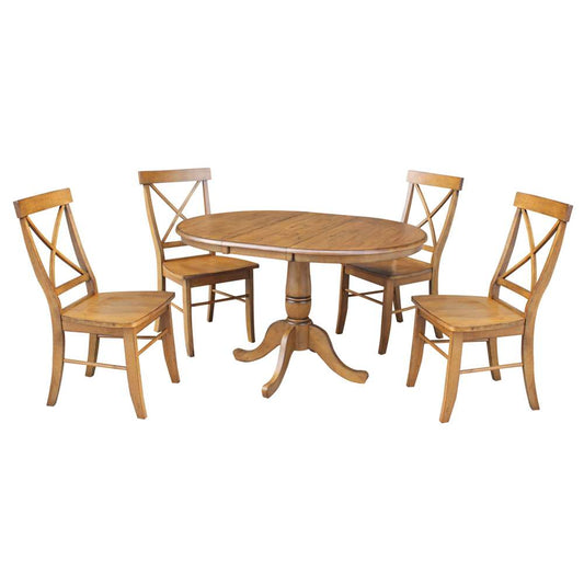 International Concepts - (Set of 5 Pcs) 36in Round Top Ped Ext Table with 12in Leaf and 4 X-Back RTA Chairs in Pecan Finish - K59-36RXT-C613-4 veiw 2