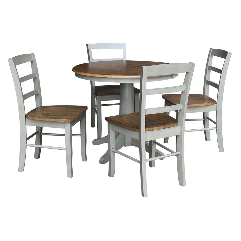 International Concepts - (Set of 5 Pcs)36in Round Top Ped Table with 2 RTA Chairs in Hickory/Stone Finish - K41-36RT-27B-C2-4 veiw 1