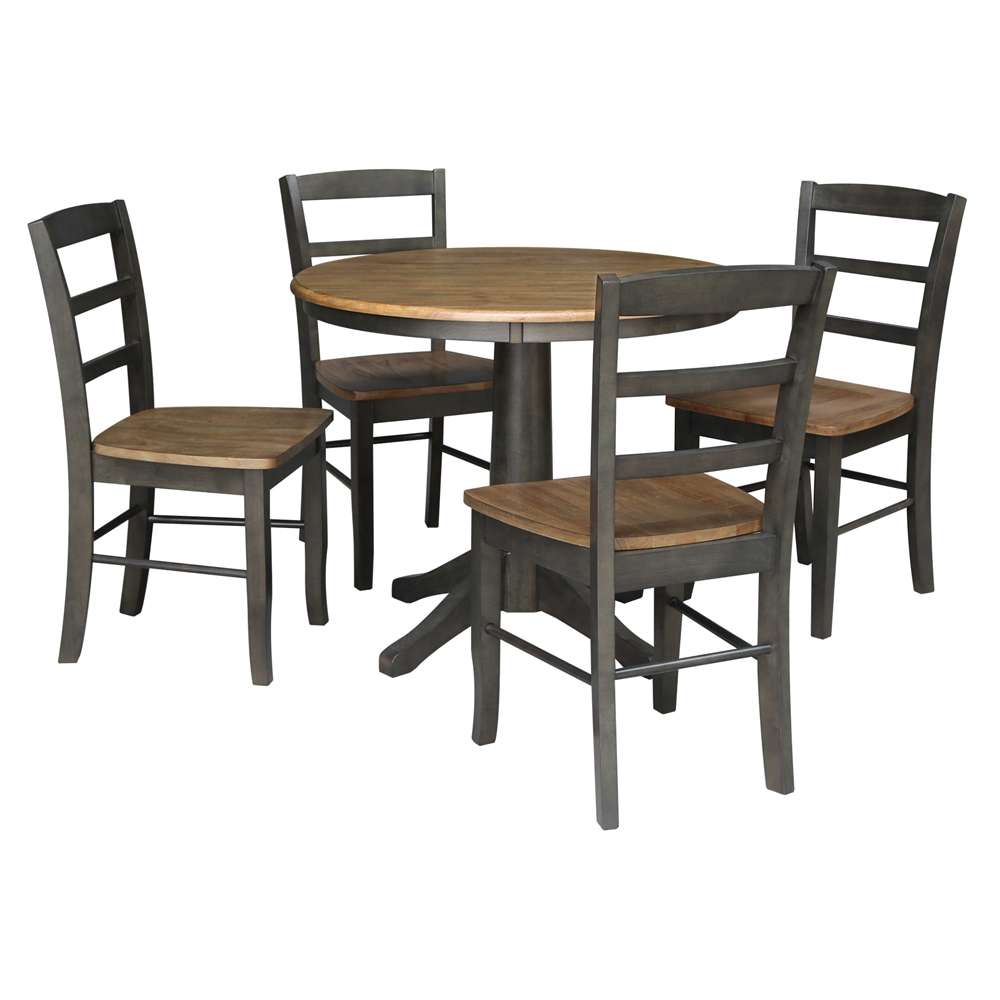 International Concepts - (Set of 5 Pcs)36in Round Top Ped Table with 4 RTA Chairs in Hickory/Washed Coal Finish - K45-36RT-27B-C2-4 veiw 1