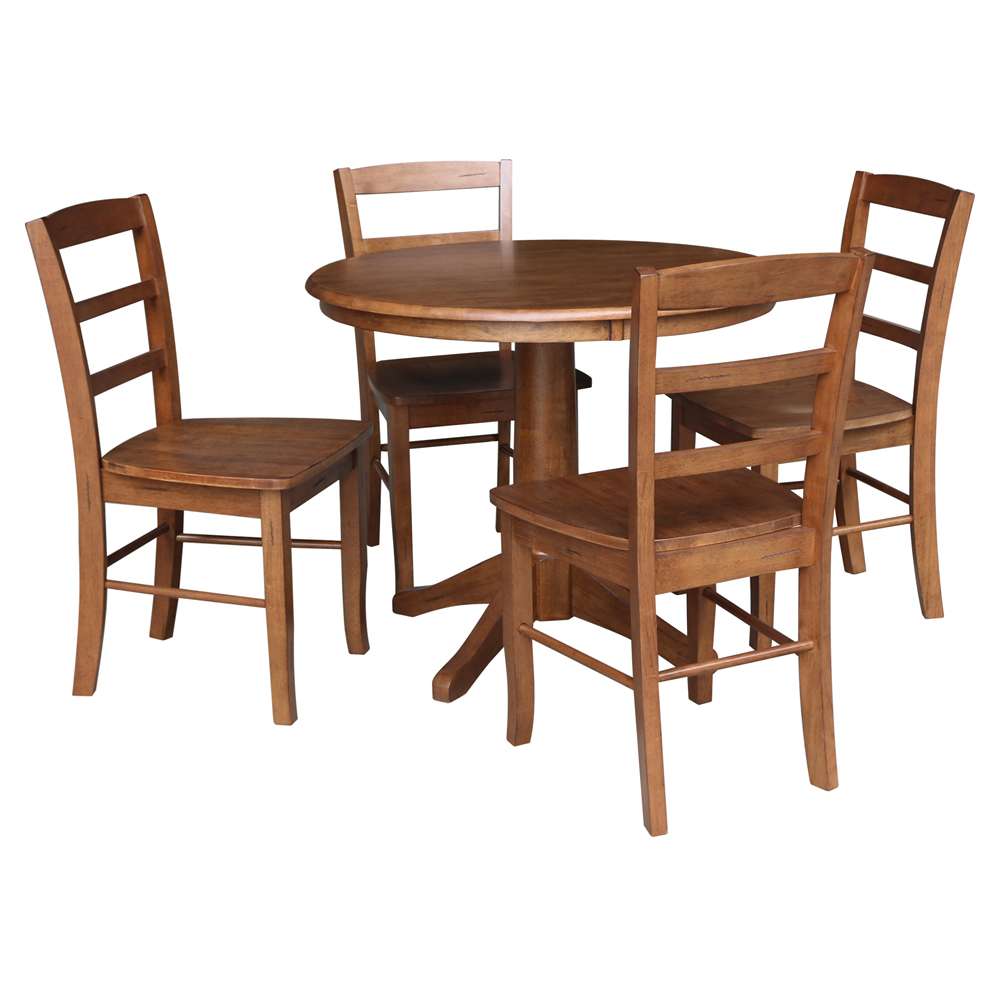 International Concepts - (Set of 5 Pcs)36in Round Top Ped Table with 4 RTA Chairs in Distressed Oak Finish - K42-36RT-27B-C2-4 veiw 1