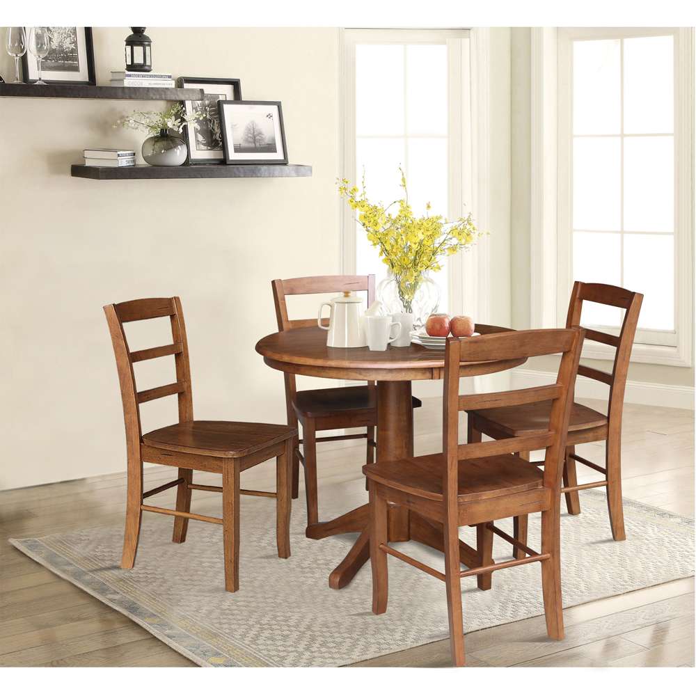 International Concepts - (Set of 5 Pcs)36in Round Top Ped Table with 4 RTA Chairs in Distressed Oak Finish - K42-36RT-27B-C2-4 veiw 3