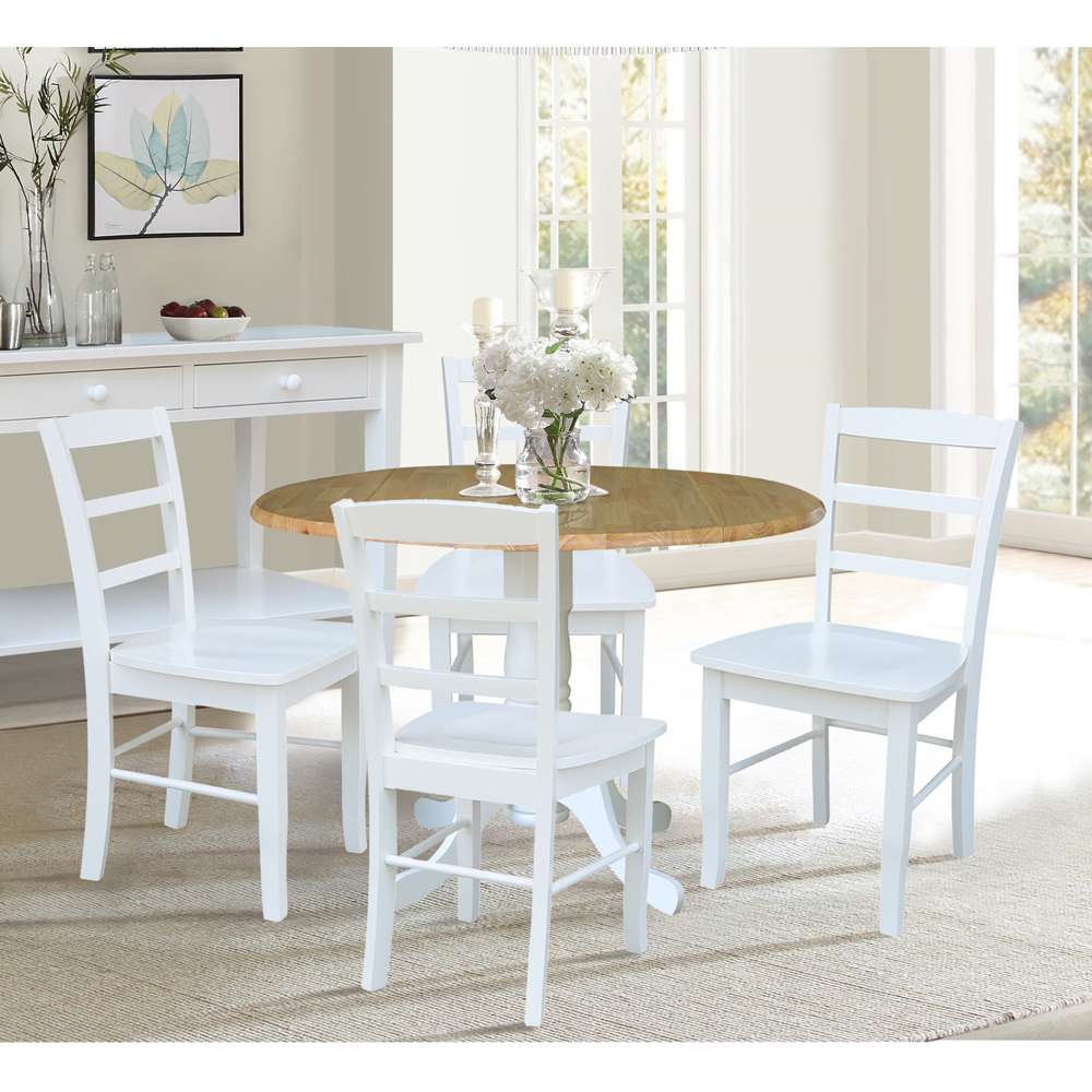 International Concepts - (Set of 5 Pcs) 42in Dual Drop Leaf Table with 4 RTA Chairs in White / Natural Finish - K02-42DP-C08-2-4 veiw 3