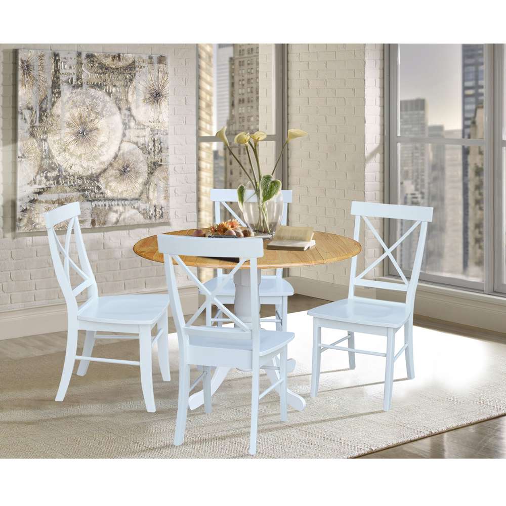 International Concepts - (Set of 5 Pcs) 42in Dual Drop Leaf Table with 4 RTA Chairs in White / Natural Finish - K02-42DP-C08-613-4 veiw 3