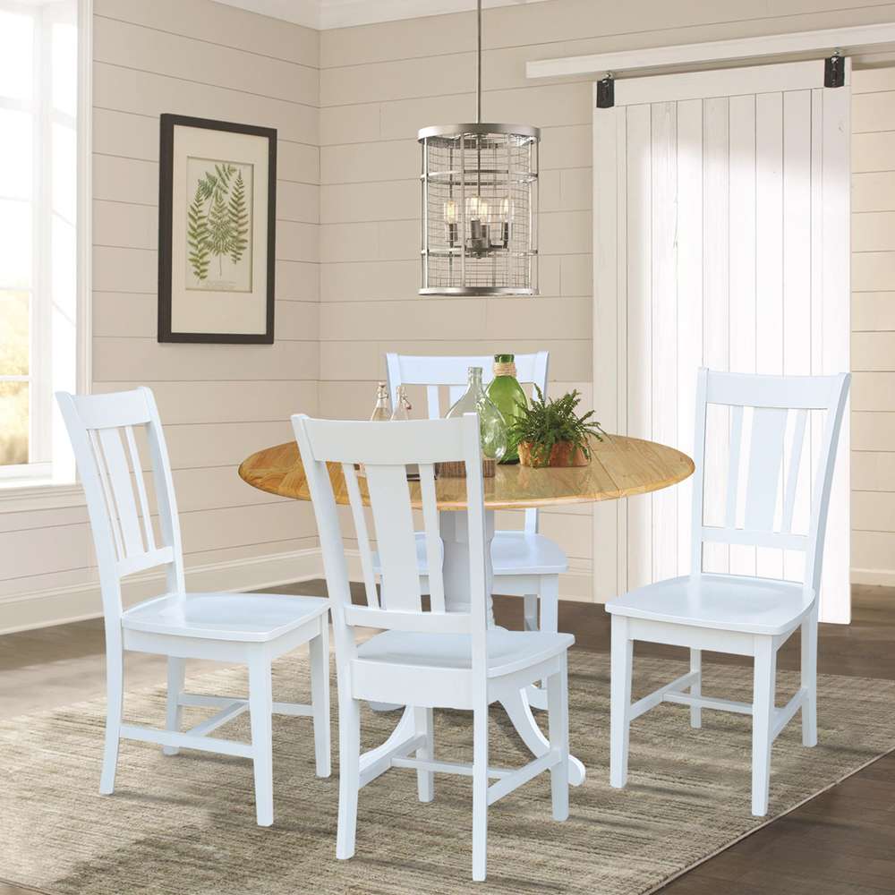 International Concepts - (Set of 5 Pcs) 42in Dual Drop Leaf Table with 4 RTA Chairs in White / Natural Finish - K02-42DP-C08-10-4 veiw 3