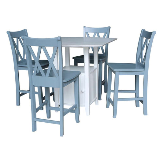 International Concepts - (Set of 5 Pcs) Dual Drop Leaf Bistro Table - Counter Height with Storage - 4 Counter Height Stools in White/Chalk - Antiqued Finish - K128-3638-S86-202-4 veiw 1