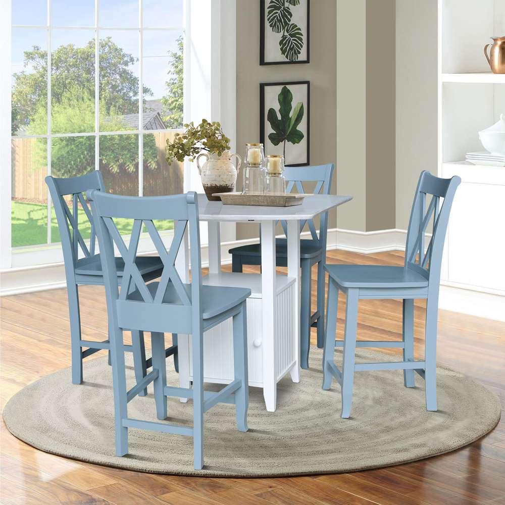 International Concepts - (Set of 5 Pcs) Dual Drop Leaf Bistro Table - Counter Height with Storage - 4 Counter Height Stools in White/Chalk - Antiqued Finish - K128-3638-S86-202-4 veiw 2