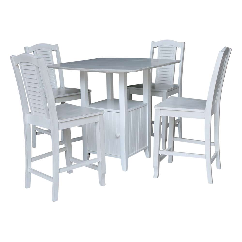 International Concepts - (Set of 5 Pcs) Dual Drop Leaf Bistro Table - Counter Height with Storage - 4 Counter Height Stools in White/Chalk - Antiqued Finish - K128-3638-S452-4 veiw 1