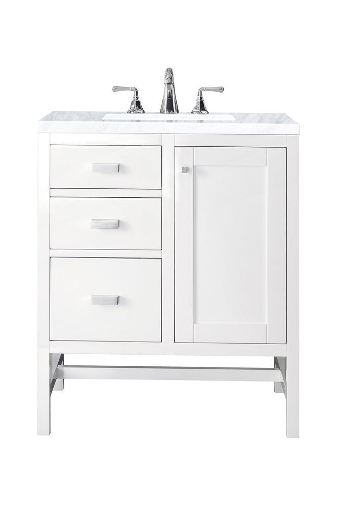 James Martin - Addison 30" Single Vanity, Glossy White w/ 3 CM Carrara White Top - E444-V30-GW-3CAR view 1