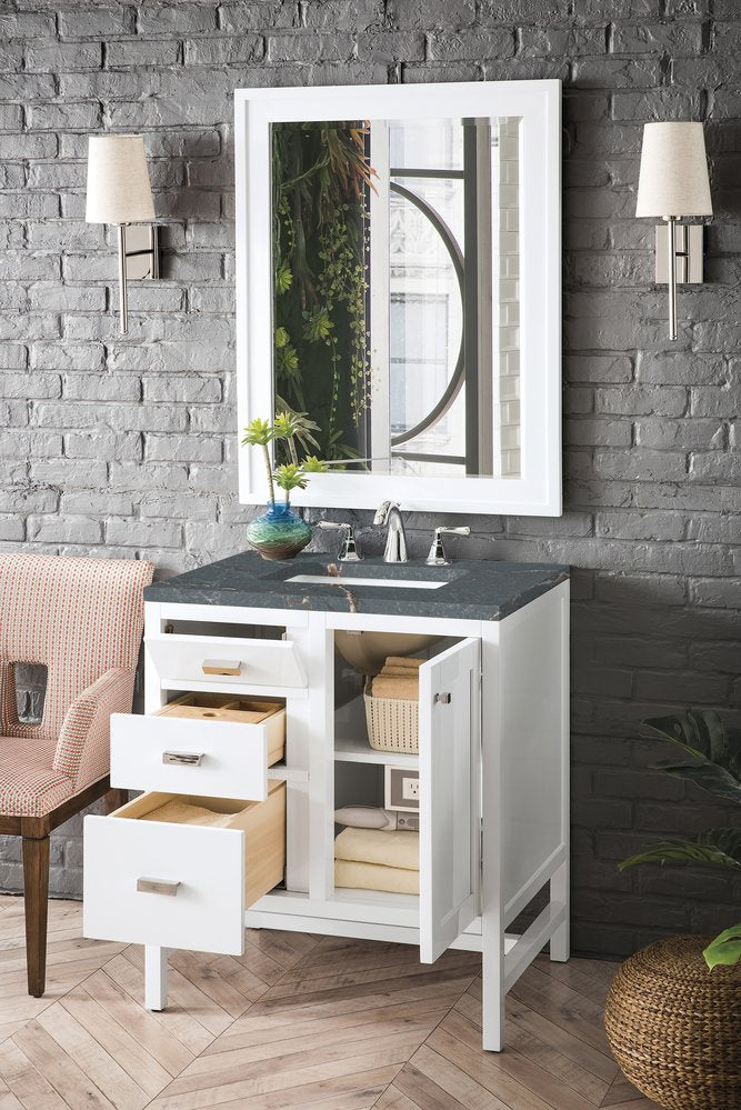 James Martin - Addison 30" Single Vanity, Glossy White w/ 3 CM Parisien Bleu Silestone Top - E444-V30-GW-3PBL view 4