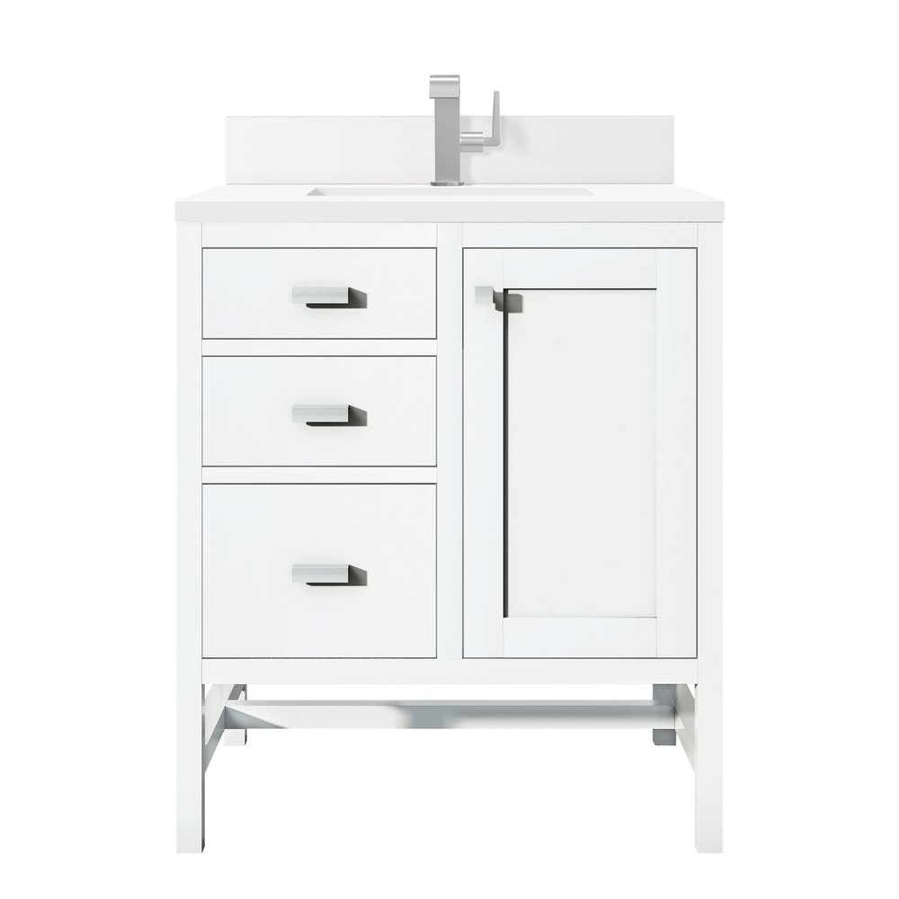 James Martin - Addison 30" Single Vanity, Glossy White w/ Single Hole 3 CM White Zeus Silestone Top & Backsplash - E444-V30-GW-1WZ view 1