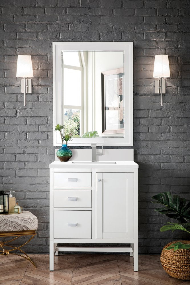 James Martin - Addison 30" Single Vanity, Glossy White w/ Single Hole 3 CM White Zeus Silestone Top & Backsplash - E444-V30-GW-1WZ view 2