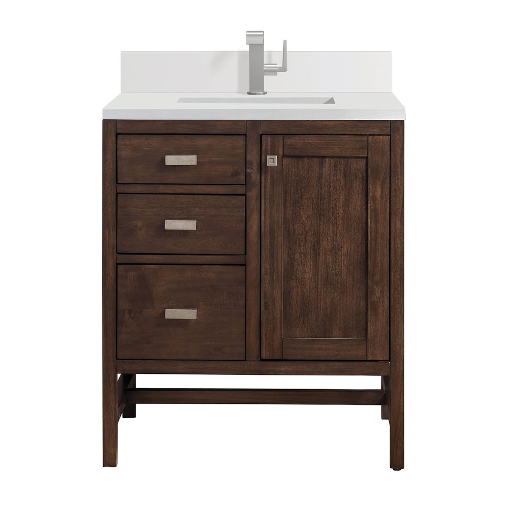 James Martin - Addison 30" Single Vanity, Mid-Century Acacia w/ Single Hole 3 CM White Zeus Silestone Top & Backsplash - E444-V30-MCA-1WZ view 1