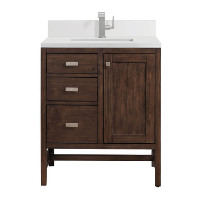 James Martin - Addison 30" Single Vanity, Mid-Century Acacia w/ Single Hole 3 CM White Zeus Silestone Top & Backsplash - E444-V30-MCA-1WZ view 1
