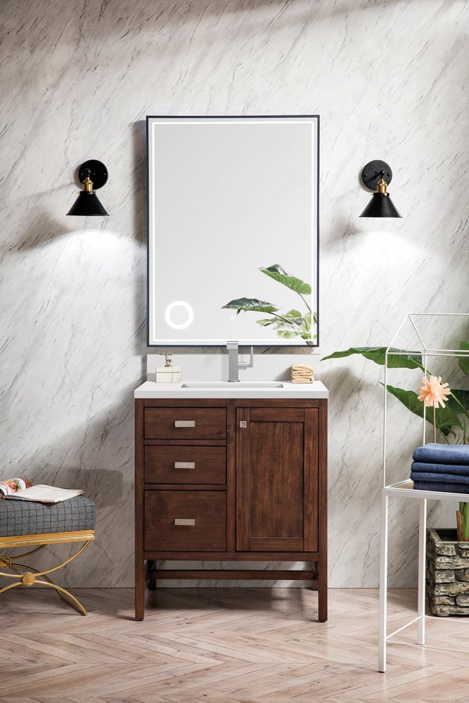 James Martin - Addison 30" Single Vanity, Mid-Century Acacia w/ Single Hole 3 CM White Zeus Silestone Top & Backsplash - E444-V30-MCA-1WZ view 2