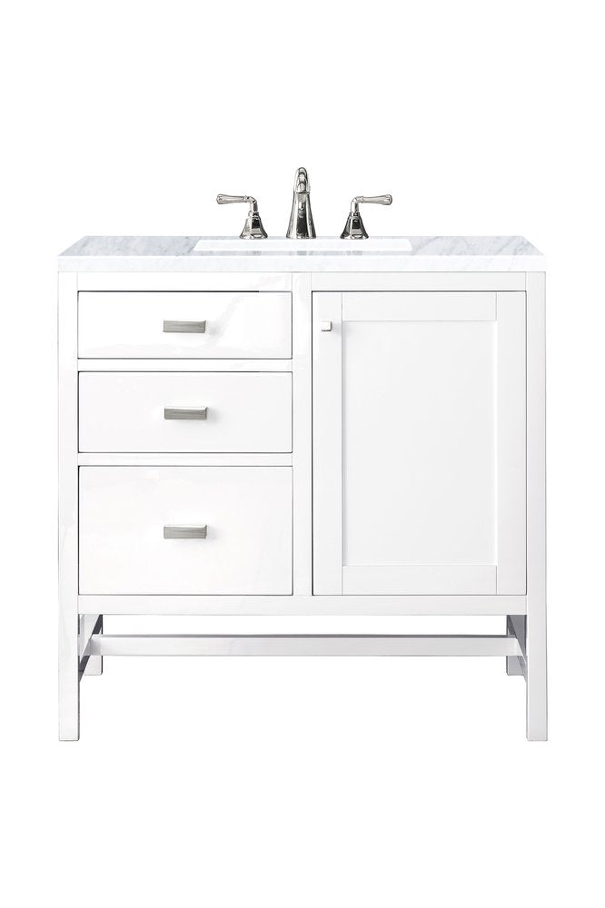 James Martin - Addison 36" Single Vanity, Glossy White w/ 3 CM Carrara White Top - E444-V36-GW-3CAR view 1