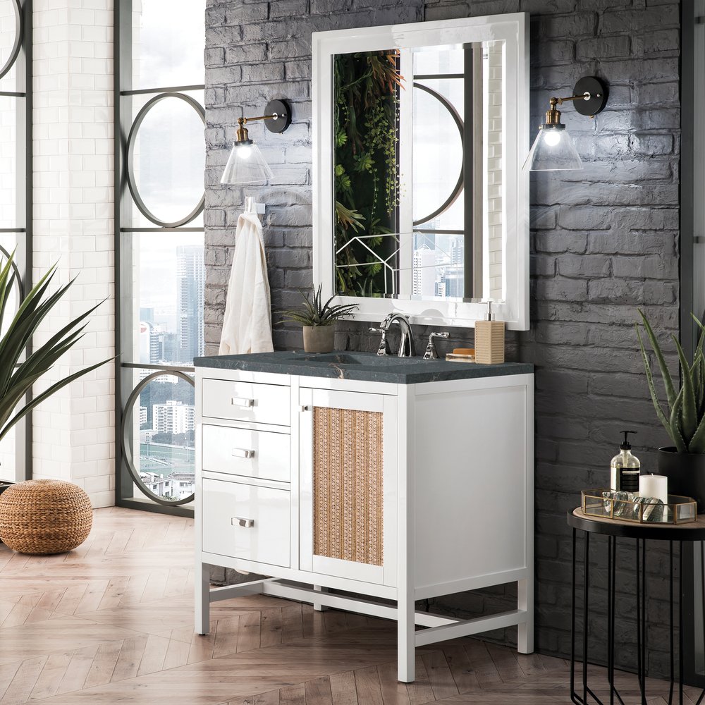 James Martin - Addison 36" Single Vanity, Glossy White w/ 3 CM Parisien Bleu Silestone Top - E444-V36-GW-3PBL view 3