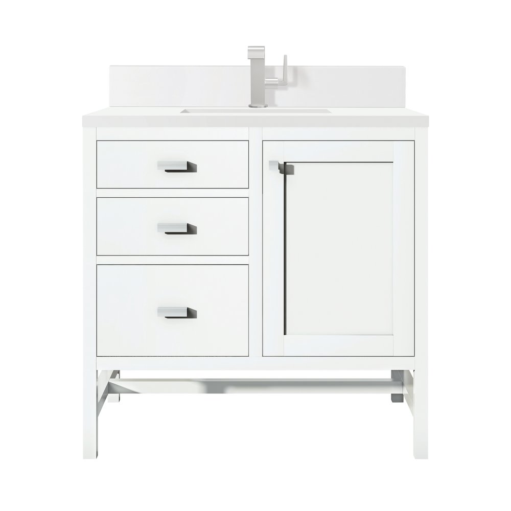James Martin - Addison 36" Single Vanity, Glossy White w/ Single Hole 3 CM White Zeus Silestone Top & Backsplash - E444-V36-GW-1WZ view 1