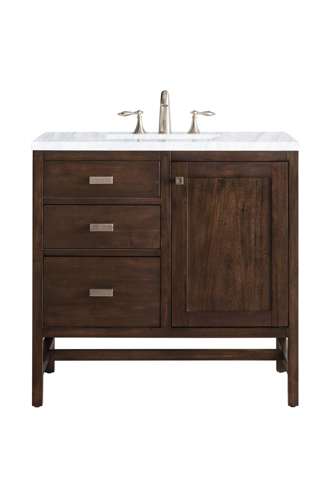 James Martin - Addison 36" Single Vanity, Mid-Century Acacia w/ 3 CM Carrara White Top - E444-V36-MCA-3CAR view 1