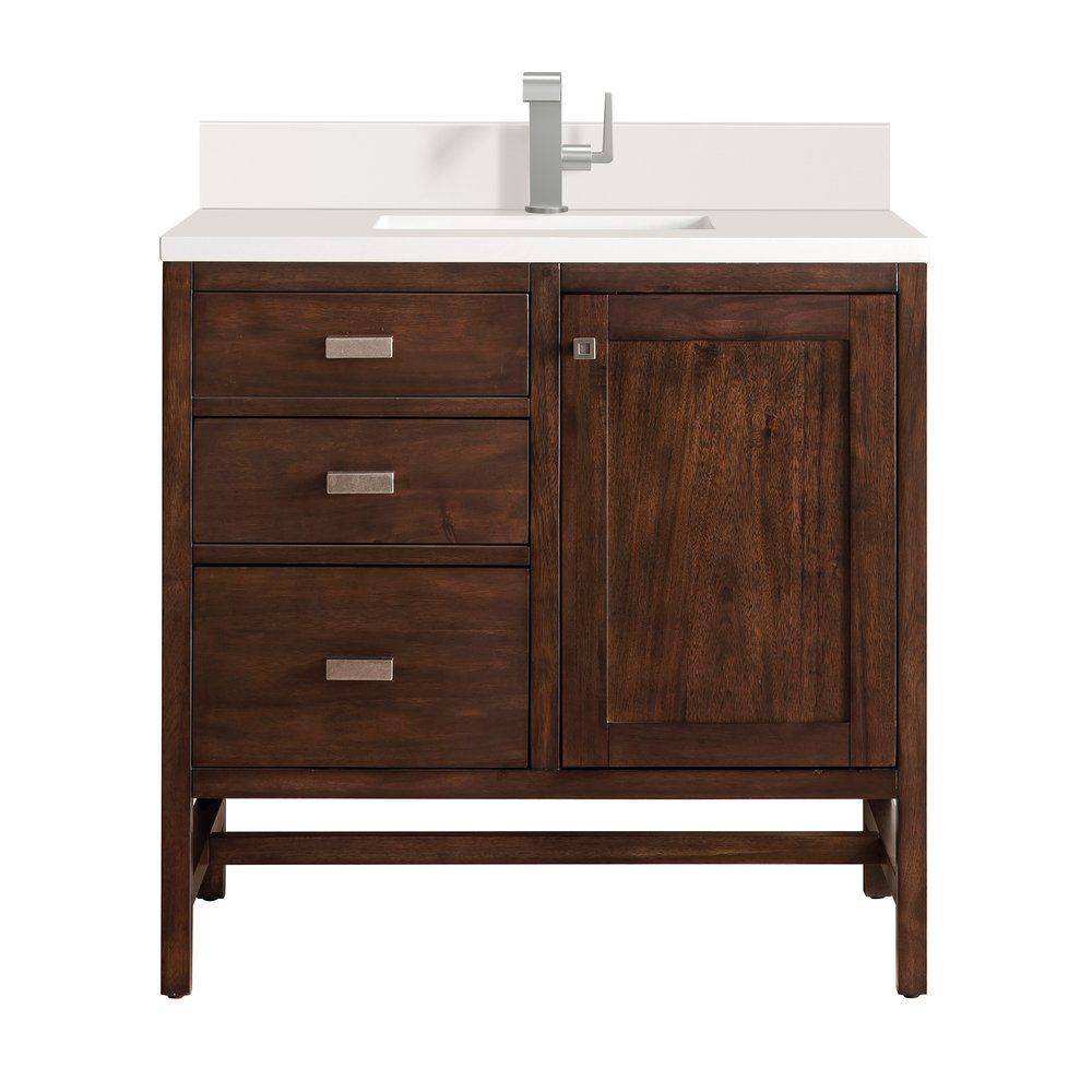 James Martin - Addison 36" Single Vanity, Mid-Century Acacia w/ Single Hole 3 CM White Zeus Silestone Top & Backsplash - E444-V36-MCA-1WZ view 1