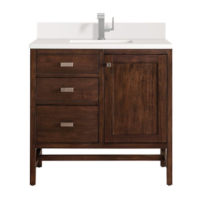 James Martin - Addison 36" Single Vanity, Mid-Century Acacia w/ Single Hole 3 CM White Zeus Silestone Top & Backsplash - E444-V36-MCA-1WZ view 1