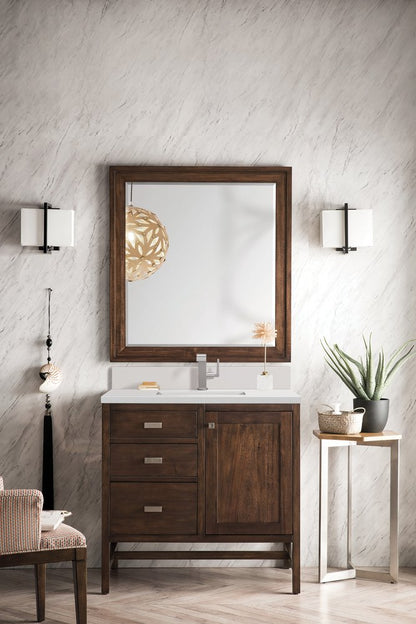 James Martin - Addison 36" Single Vanity, Mid-Century Acacia w/ Single Hole 3 CM White Zeus Silestone Top & Backsplash - E444-V36-MCA-1WZ view 2