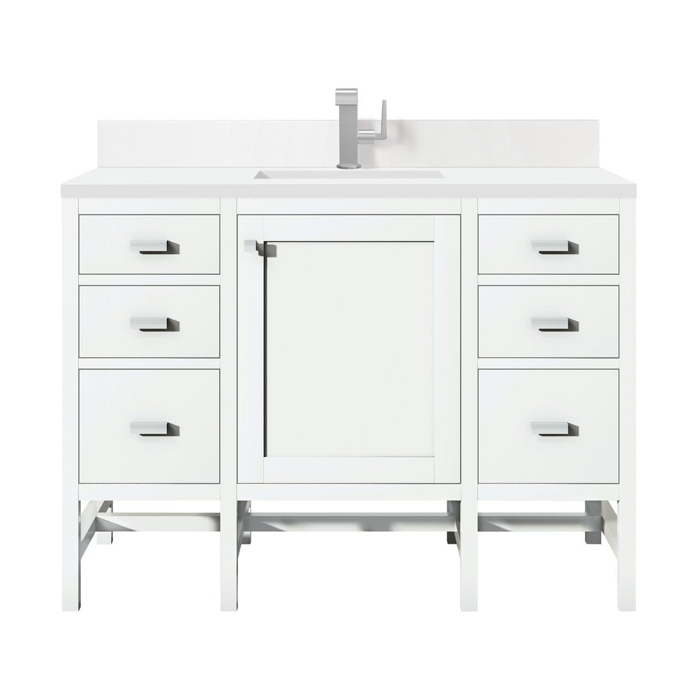 James Martin - Addison 48" Single Vanity, Glossy White w/ Single Hole 3 CM White Zeus Silestone Top & Backsplash - E444-V48-GW-1WZ view 1