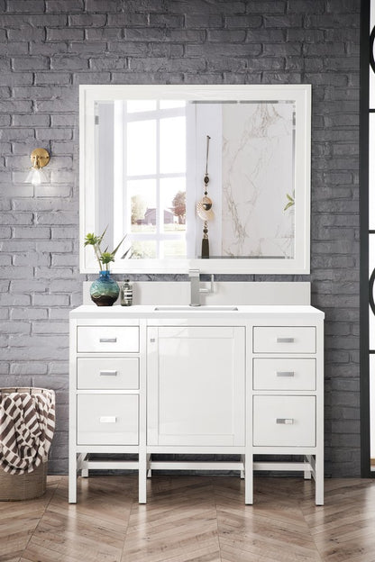 James Martin - Addison 48" Single Vanity, Glossy White w/ Single Hole 3 CM White Zeus Silestone Top & Backsplash - E444-V48-GW-1WZ view 2