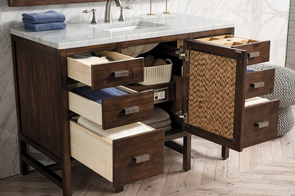 James Martin - Addison 48" Single Vanity, Mid-Century Acacia w/ 3 CM Carrara White Top - E444-V48-MCA-3CAR view 8