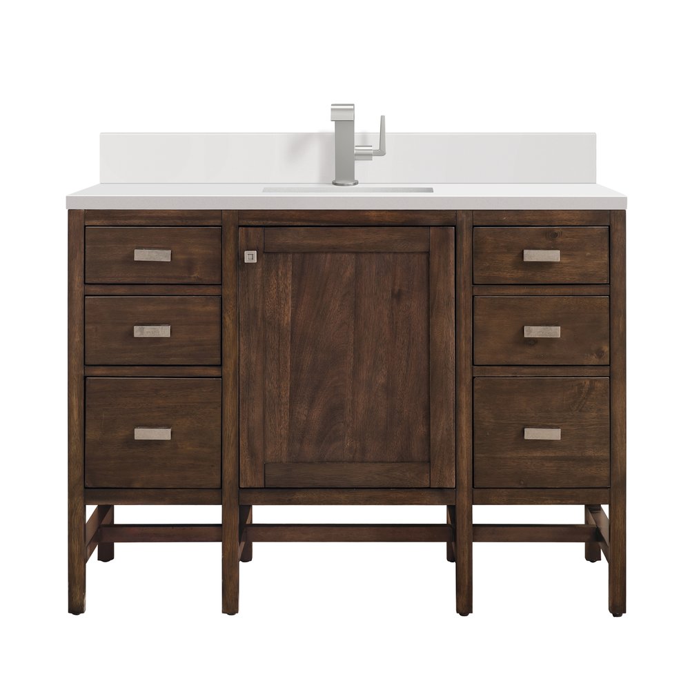 James Martin - Addison 48" Single Vanity, Mid-Century Acacia w/ Single Hole 3 CM White Zeus Silestone Top & Backsplash - E444-V48-MCA-1WZ view 1