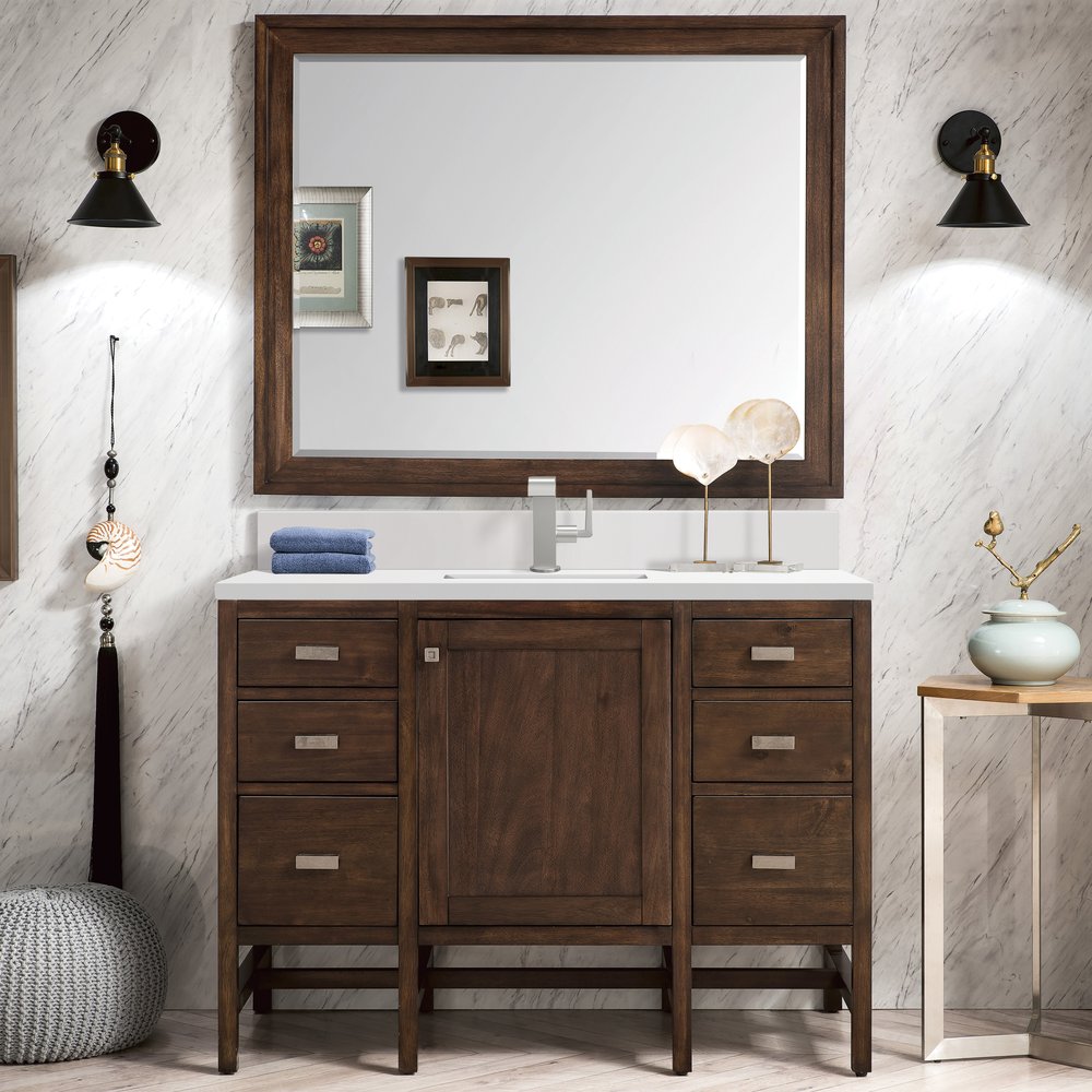 James Martin - Addison 48" Single Vanity, Mid-Century Acacia w/ Single Hole 3 CM White Zeus Silestone Top & Backsplash - E444-V48-MCA-1WZ view 2