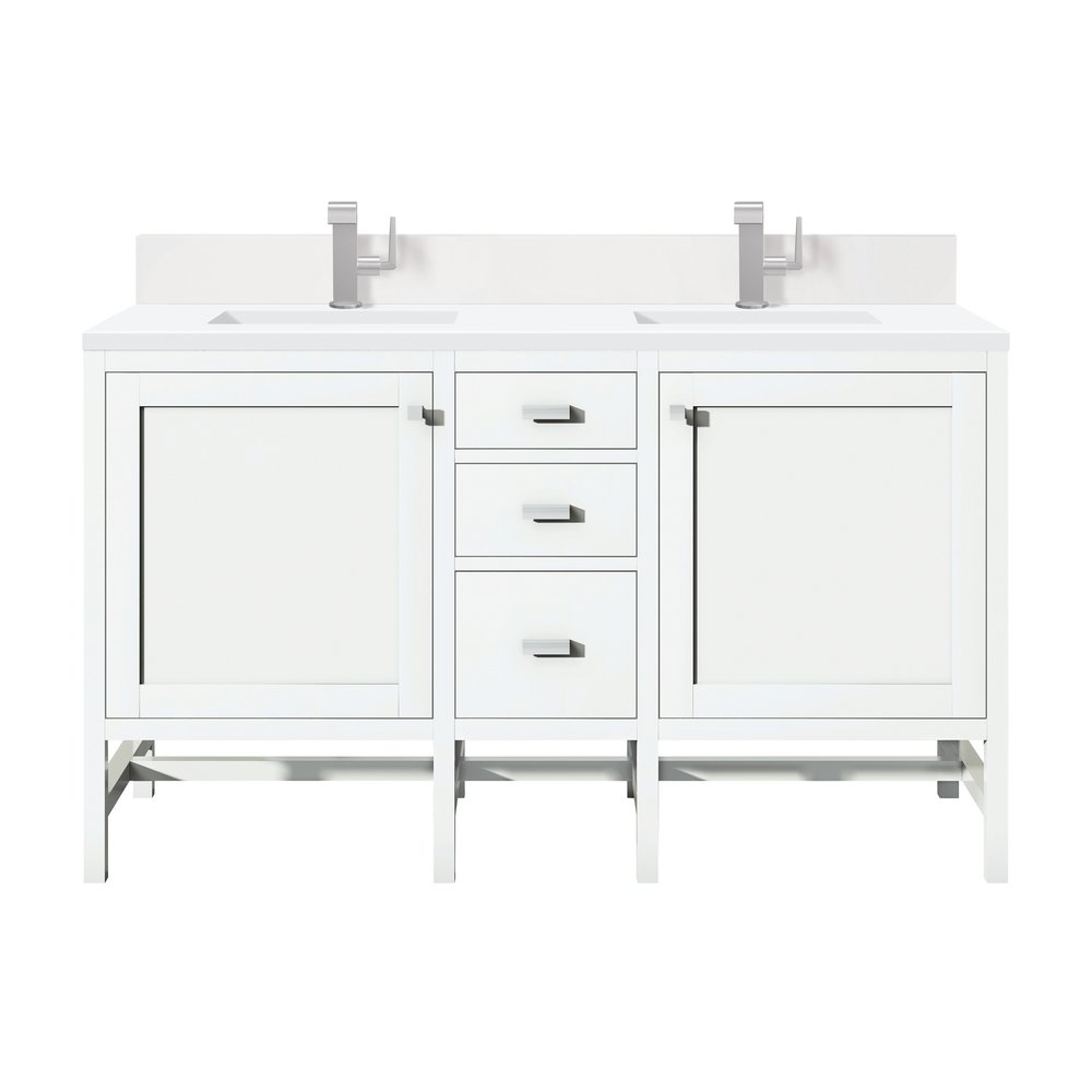 James Martin - Addison 60" Double Vanity, Glossy White w/ Single Hole 3 CM White Zeus Silestone Top & Backsplash - E444-V60D-GW-1WZ view 1