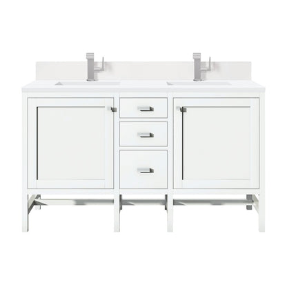 James Martin - Addison 60" Double Vanity, Glossy White w/ Single Hole 3 CM White Zeus Silestone Top & Backsplash - E444-V60D-GW-1WZ view 1