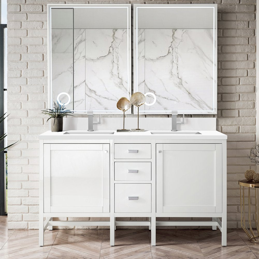 James Martin - Addison 60" Double Vanity, Glossy White w/ Single Hole 3 CM White Zeus Silestone Top & Backsplash - E444-V60D-GW-1WZ view 2