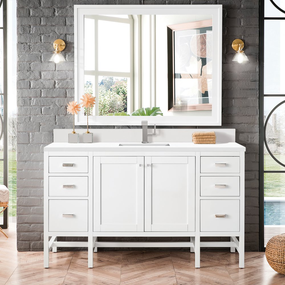 James Martin - Addison 60" Single Vanity, Glossy White w/ Single Hole 3 CM White Zeus Silestone Top & Backsplash - E444-V60S-GW-1WZ view 2